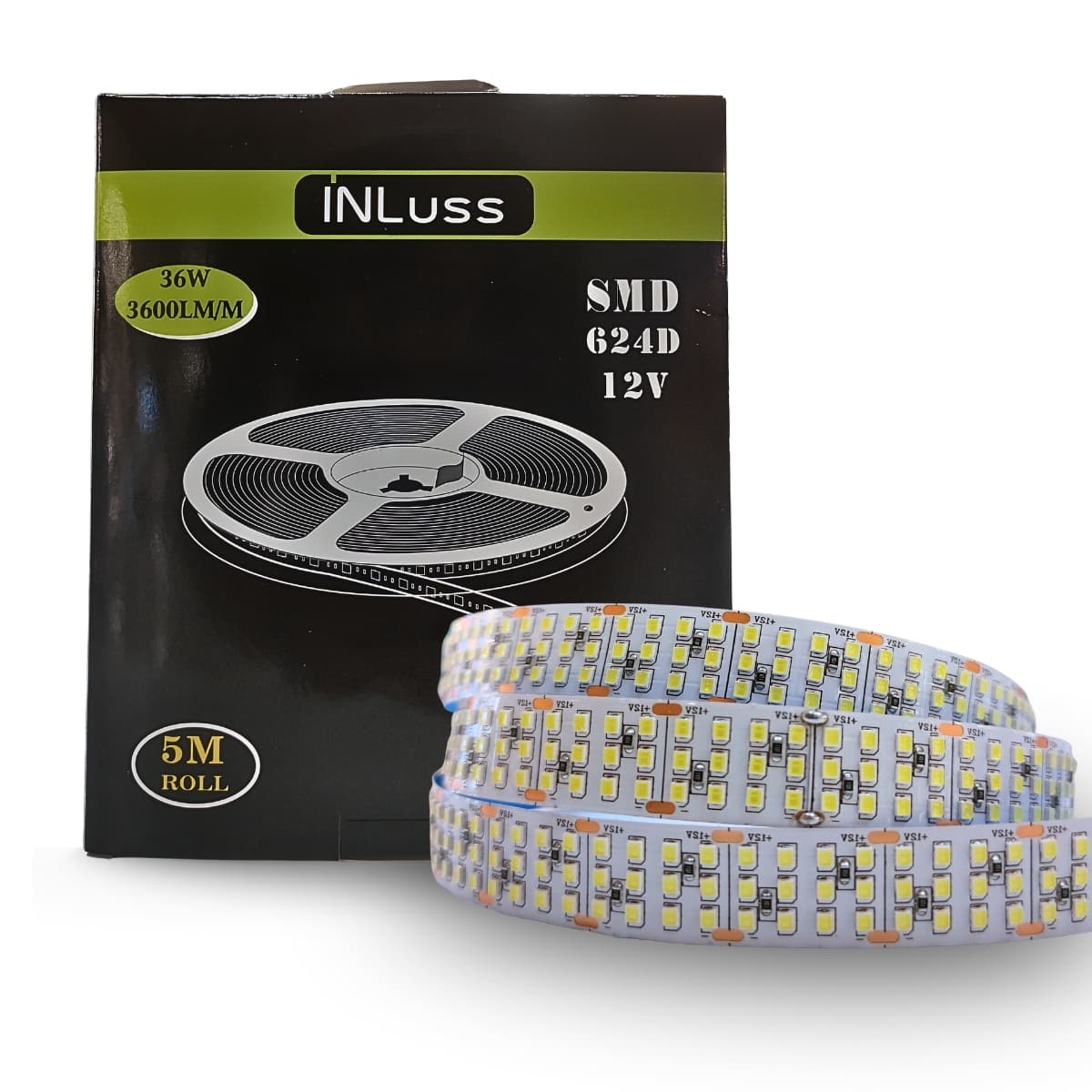 Fita LED SMD 624 12V 36W 3000K IP20 5m Alto Brilho Inluss