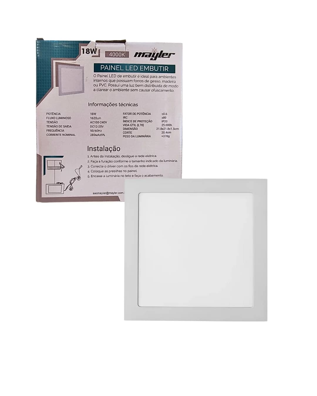 Kit 4 Painéis LED Embutir Quadrado 18W 4000K Neutro Mayler