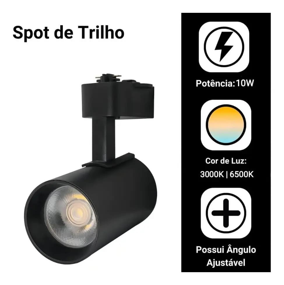 Kit Trilho Eletrificado 1m Preto + 2 Spots LED 10W 6000K Bivolt - Branco Frio