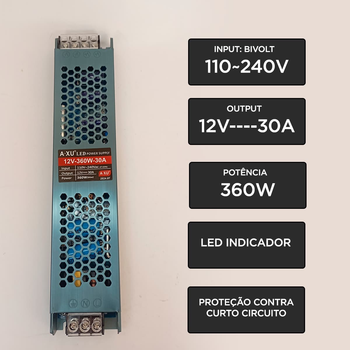 Fonte Driver Slim 12V 20A 250W Para Fita LED - A.XU Bivolt