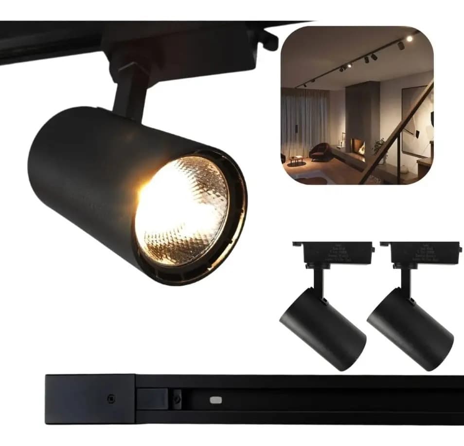 Kit Trilho Eletrificado 1m Preto + 2 Spots LED 10W 6000K Bivolt - Branco Frio