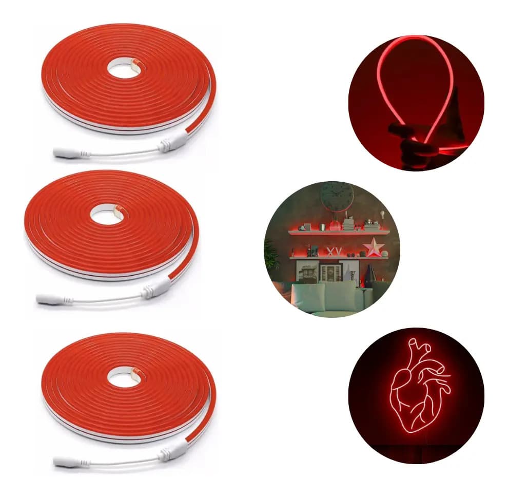 Kit 3 Fitas LED Neon Vermelho 120 LEDs/metro 5m IP65 12V - Mayler