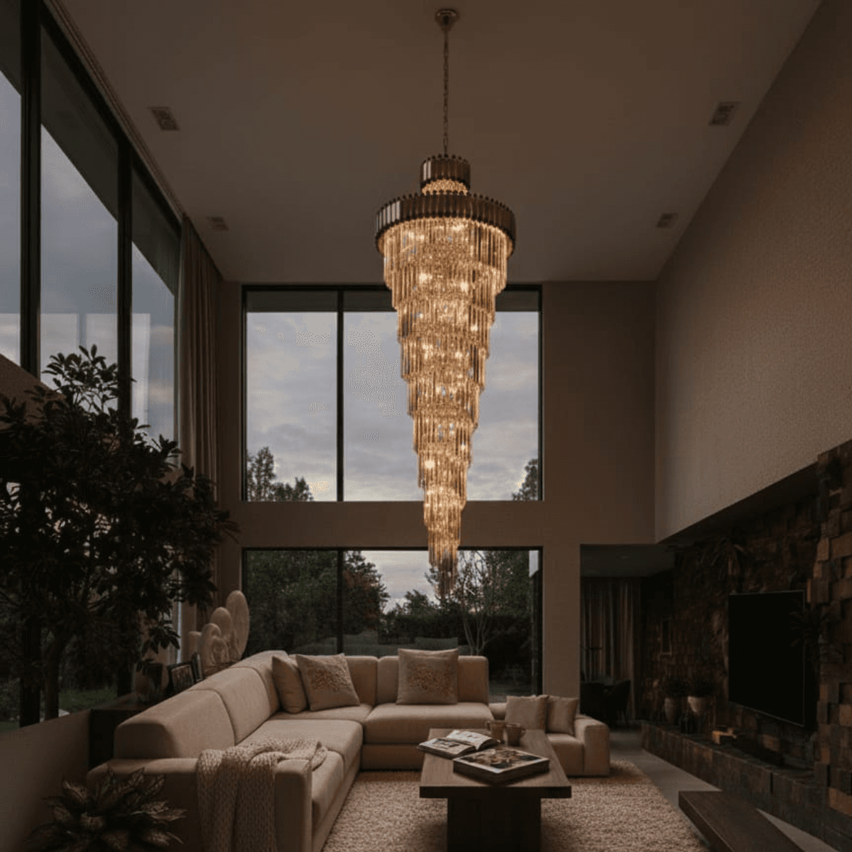 Lustre de Cristal 42xE14 Dourado para Pé Direito Duplo