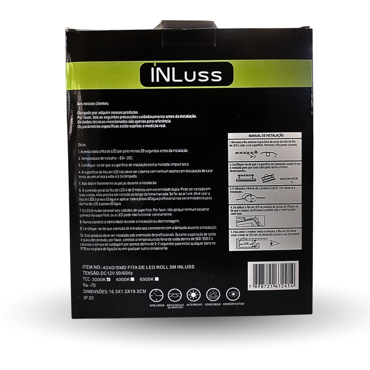 Fita LED SMD 624 12V 36W 3000K IP20 5m Alto Brilho Inluss