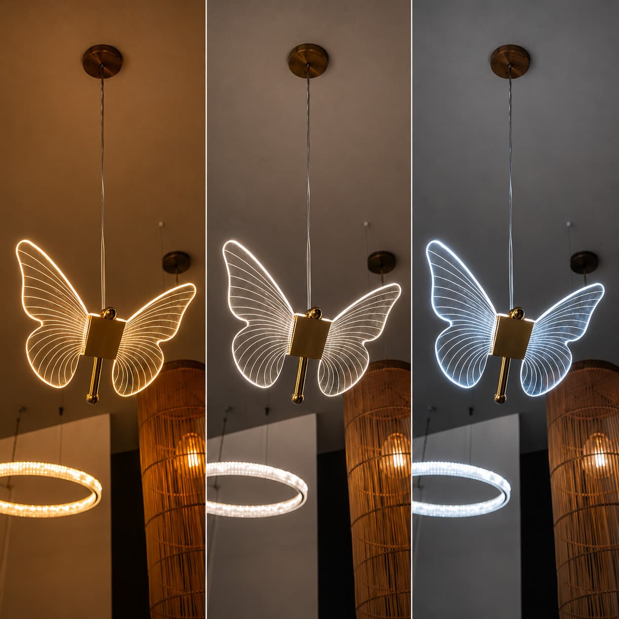 Pendente Borboleta LED 3 em 1 6W Dourado em Acrílico – Luz Quente, Neutra e Fria | AXU