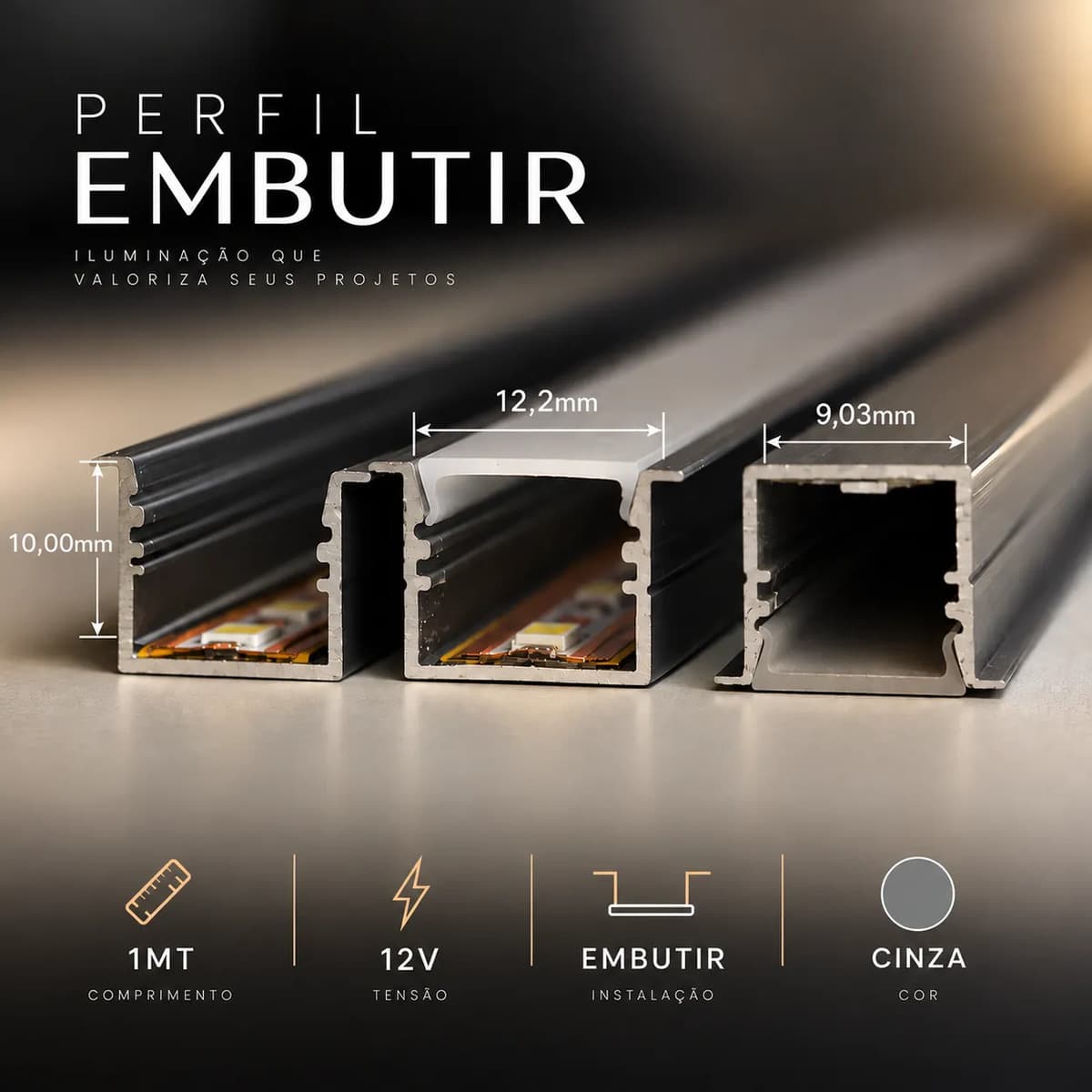 Perfil U 1mt 12mm Embutir C/led 12v 6000k
