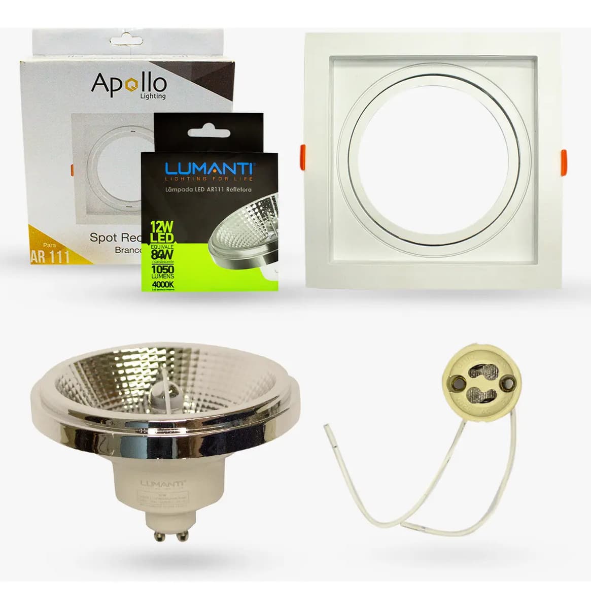 Kit Spot Embutir Para AR111 + Lâmpada AR111 LED 12W 4000K Bivolt - Branco