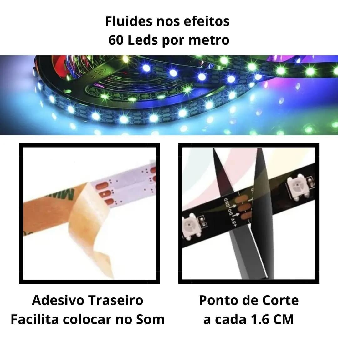 Kit 5m Fita LED RGB 4D 348 Efeitos + Fonte 20A Para Som Automotivo 12V
