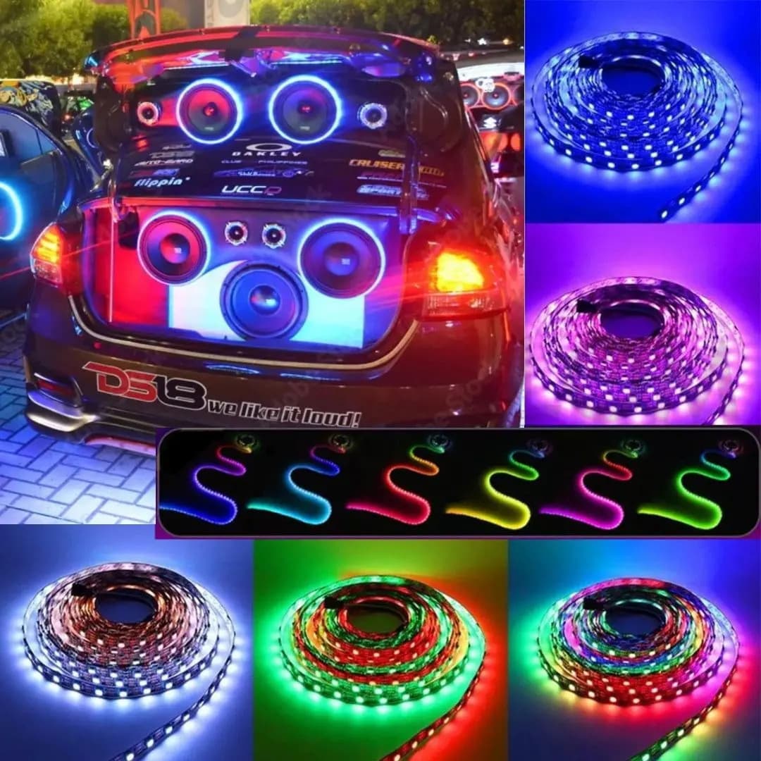 Kit 5m Fita LED RGB 4D 348 Efeitos + Fonte 20A Para Som Automotivo 12V