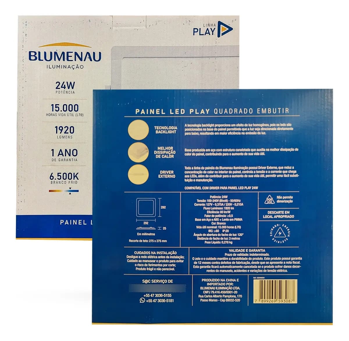 Painel LED Play Embutir Quadrado 24W 6500K Bivolt - Blumenau Branco