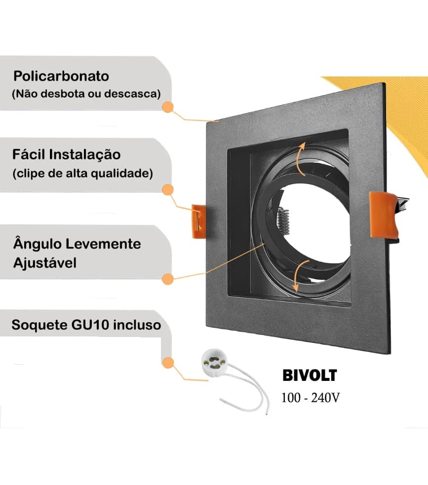 Kit 5 Spots Embutir Recuado Preto + Lâmpadas MR11