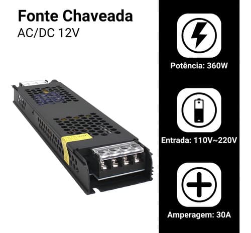 Fonte Slim 12V 30A 360W - Capa Preta - Mayler