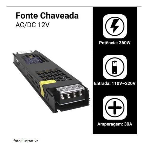 Fonte Slim 12V 30A 360W - Capa Preta - Mayler