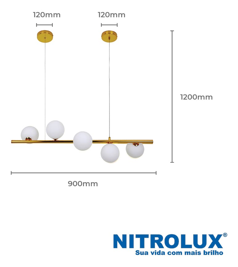 Pendente Molecular Espiral Dourado 5 Globos Vidro Nitrolux