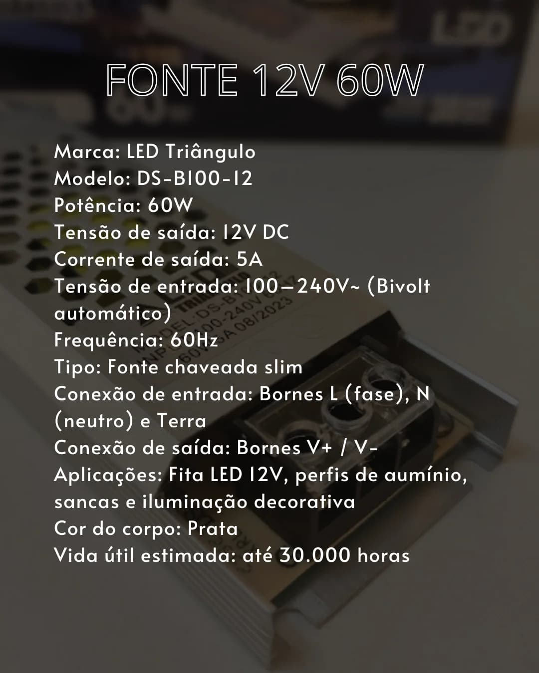 Fonte LED Slim 12V 60W 5A Bivolt para Fita LED
