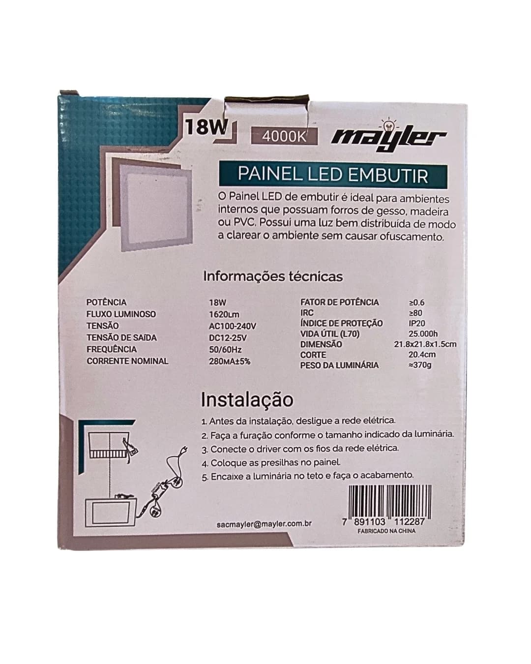 Painel LED Embutir 18W 4000K Kit 2 Unidades