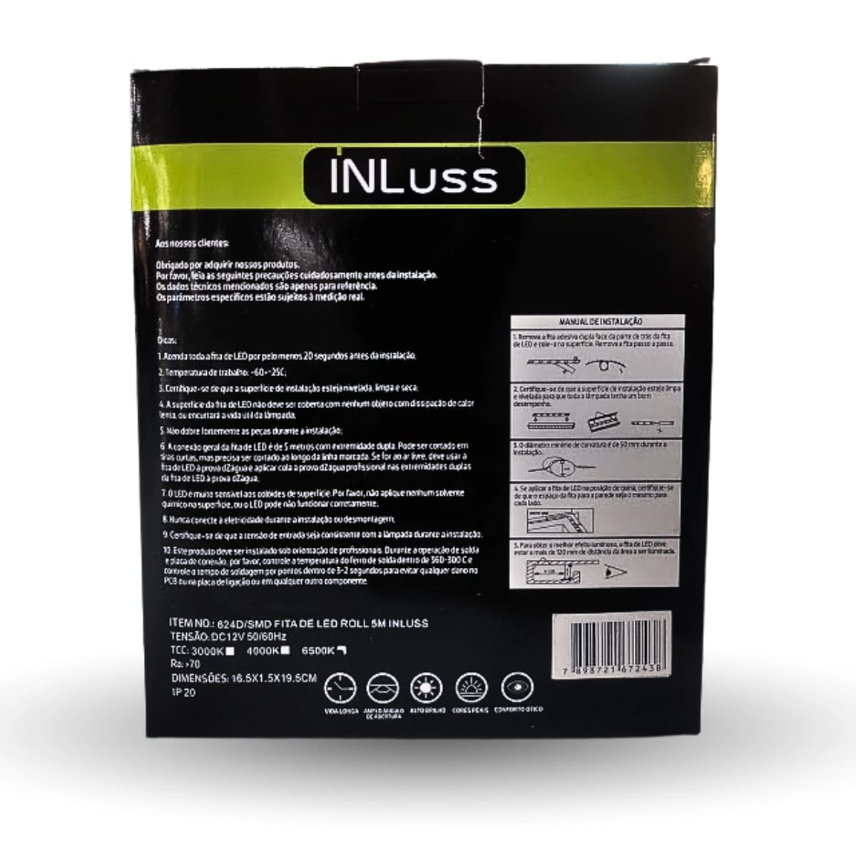 Fita LED SMD 624 12V 36W 6500K IP20 5m Alto Brilho Inluss