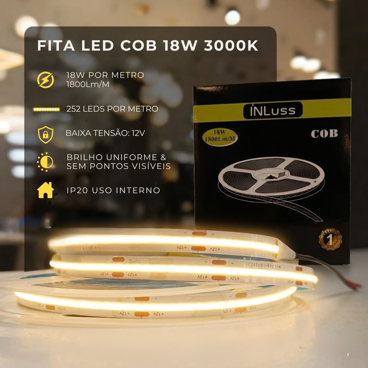 Fita COB 252D 3000K 12V 18W 5MT IP20 - Inluss