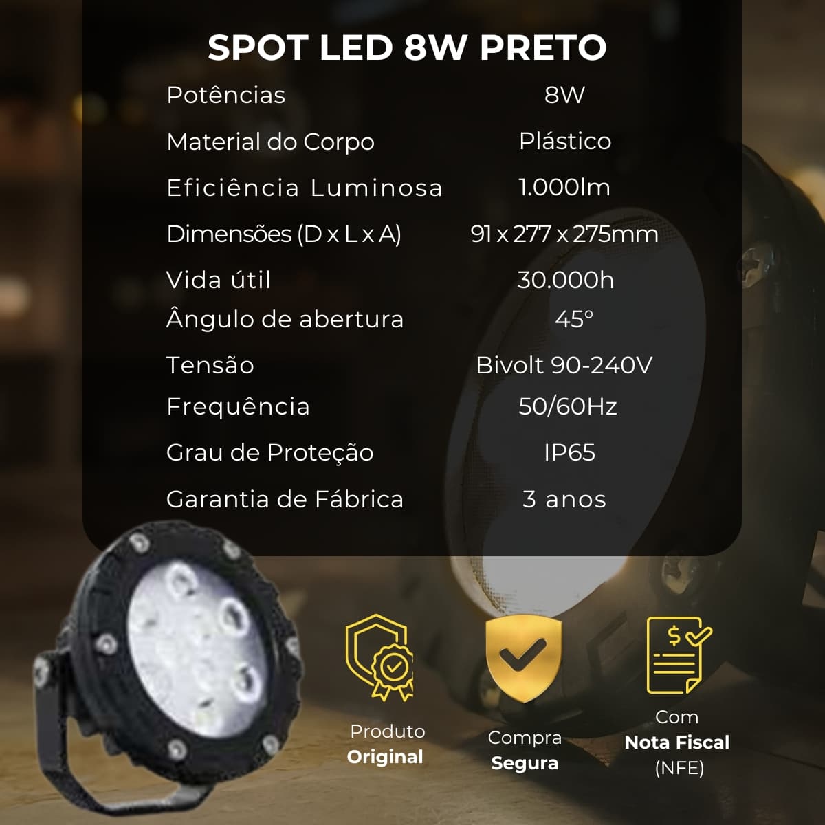 Spot Refletor LED 8W 3000K Plastico IP65 Preto - Iluctron