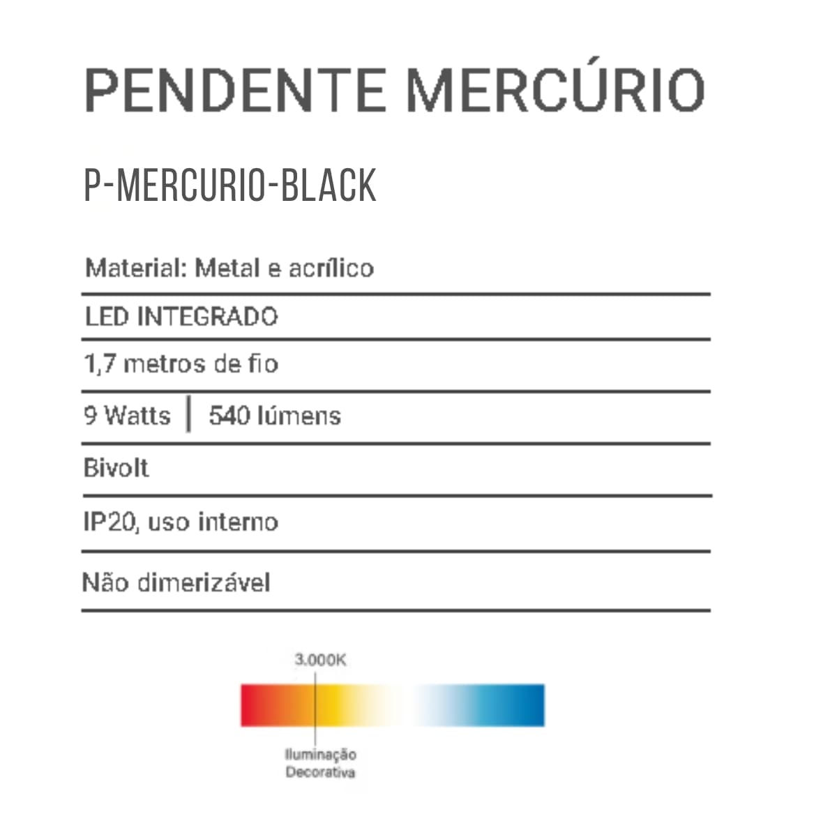 Pendente LED Mercúrio GMH 9W 3000K Bivolt Preto